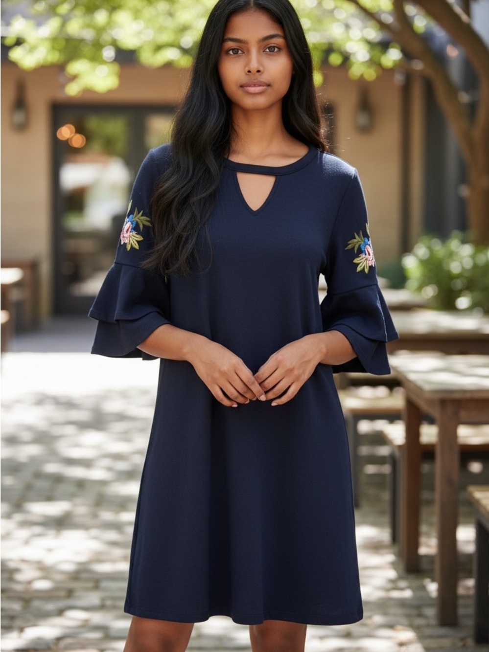 Alya Navy Midi Dress with Floral Embroidered Sleeves
